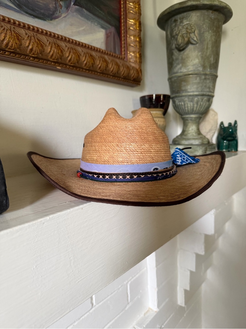 Straw Cowboy Hat with leather and blue accent bands